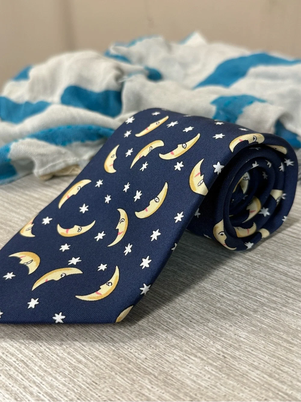 Vintage Hermes Silk Tie with Crescent Moon & Stars Pattern